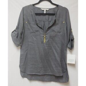 Women’s Ellen Tracy Gray 100% Linen Roll Tab Sleeve Zipper Front Blouse Sz S NWT